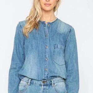 Free People X Sandrine Rose Denim Button-Up mandarin collar Tunic Shirt - XS
